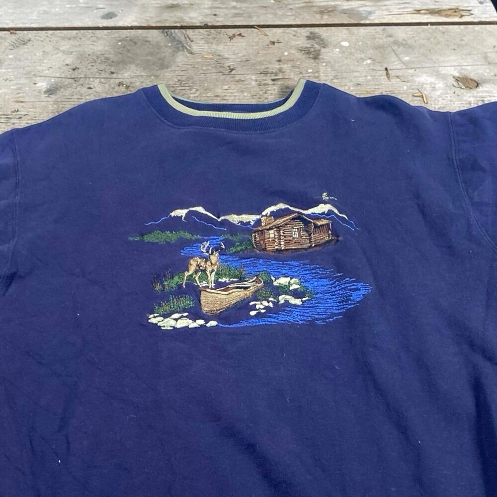 VTG 90s Sweatshirt Mens M Blue Deer Nature Wildlife Animals Outdoors Embroidered